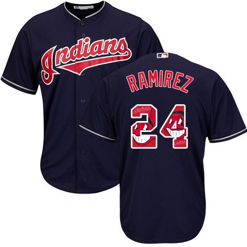 Indians #24 Manny Ramirez Navy Blue Team Logo Fashion Stitched MLB Jersey - Click Image to Close